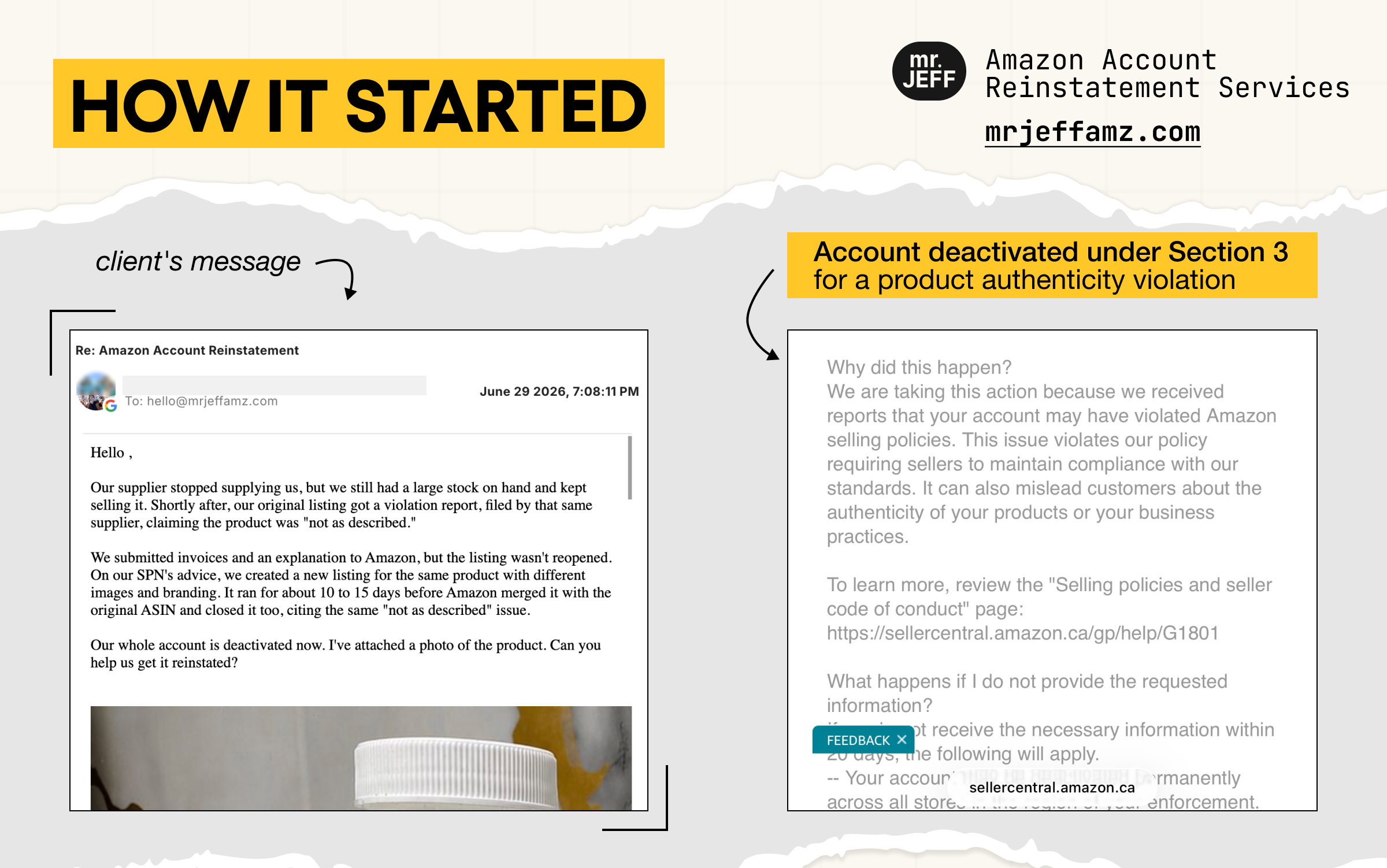 Amazon seller account deactivated under Section 3 for a product authenticity violation - client message and Amazon notice Amazon seller account deactivated under Section 3 for a product authenticity violation - client message and Amazon notice